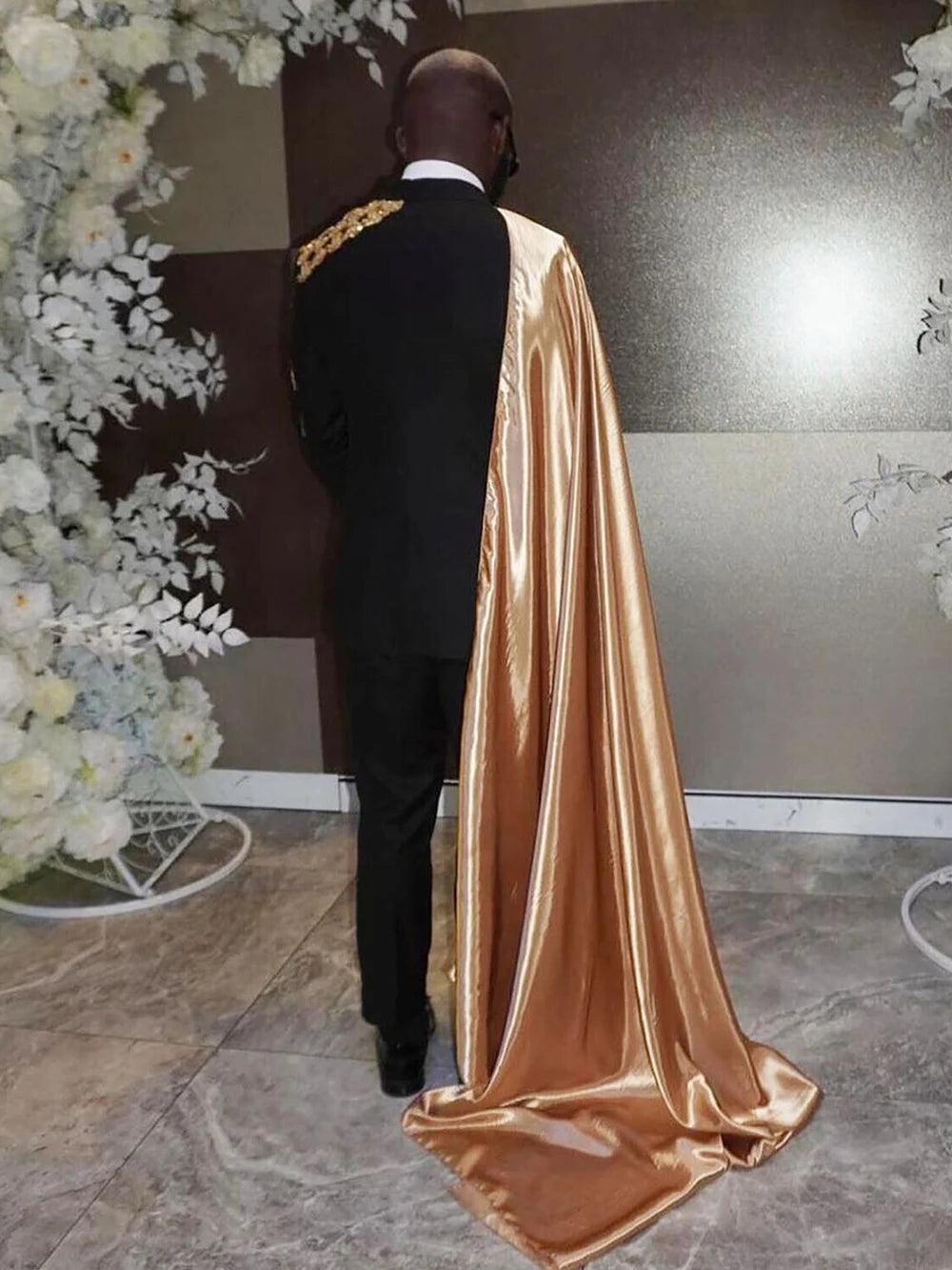 Men's Black Suits Groomsman Jacket With Long Satin Cape Fashion Formal Party Wear Business Male Double Breasted Blazer Set 2023