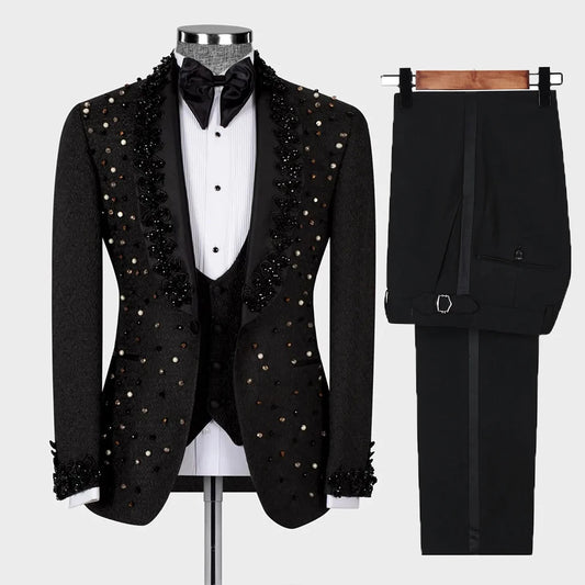 Item Beloved - Beaded 3 Piece Rhinestone Slim Fit 3 Piece Tuxedo