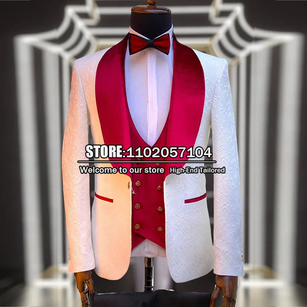 Groom Wedding Suits Fit Slim Velvet Lapel Jacquard Blazer Vest Pants 3 Pieces Spring/Autumn Men's Tuxedo Bespoke Male Clothing