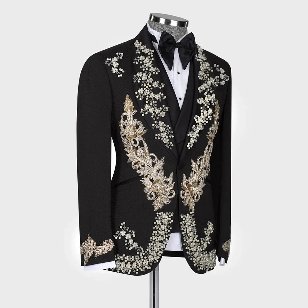 Luxury Groom Wedding Suits For Men Gold Appliques Pearls Blazer Vest Pants 3 Pieces Formal Banquet Man Clothing Custom Made 2024