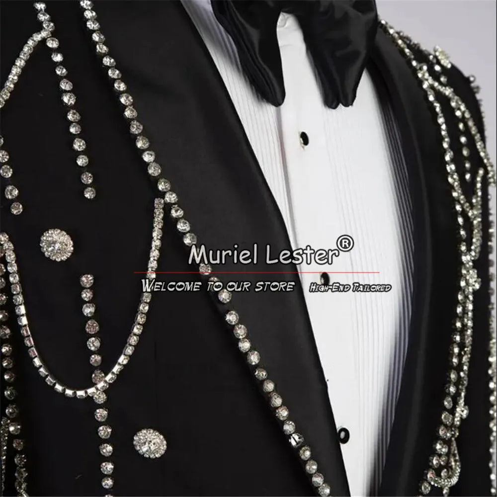 Man Sliver Beaded Suits Luxury Groom Wedding Tuxedos Custom Made Single Breasted Blazer Pants 2 Pieces Man Banquet Dinner Dress