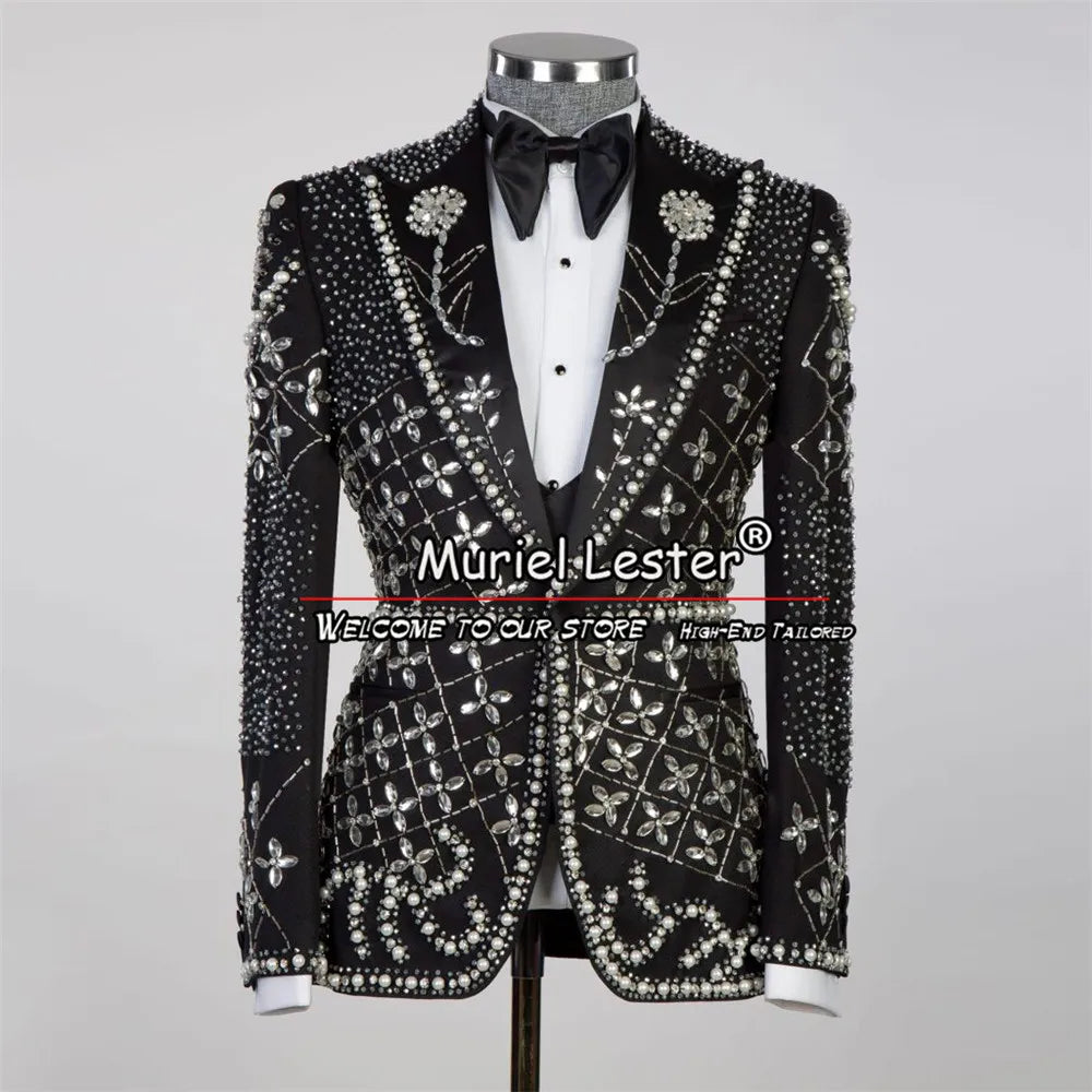 Luxury Groom Wedding Suits Fit Slim Crystals Beading Diamonds Blazer Set Formal Party Man Custom Tuxedos Banquet Boyfriend Dress