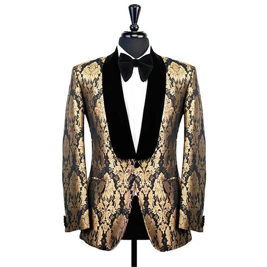 Item Posh - Black Gold Embroidery Floral Peaked Lapel Two Piece Tuxedo