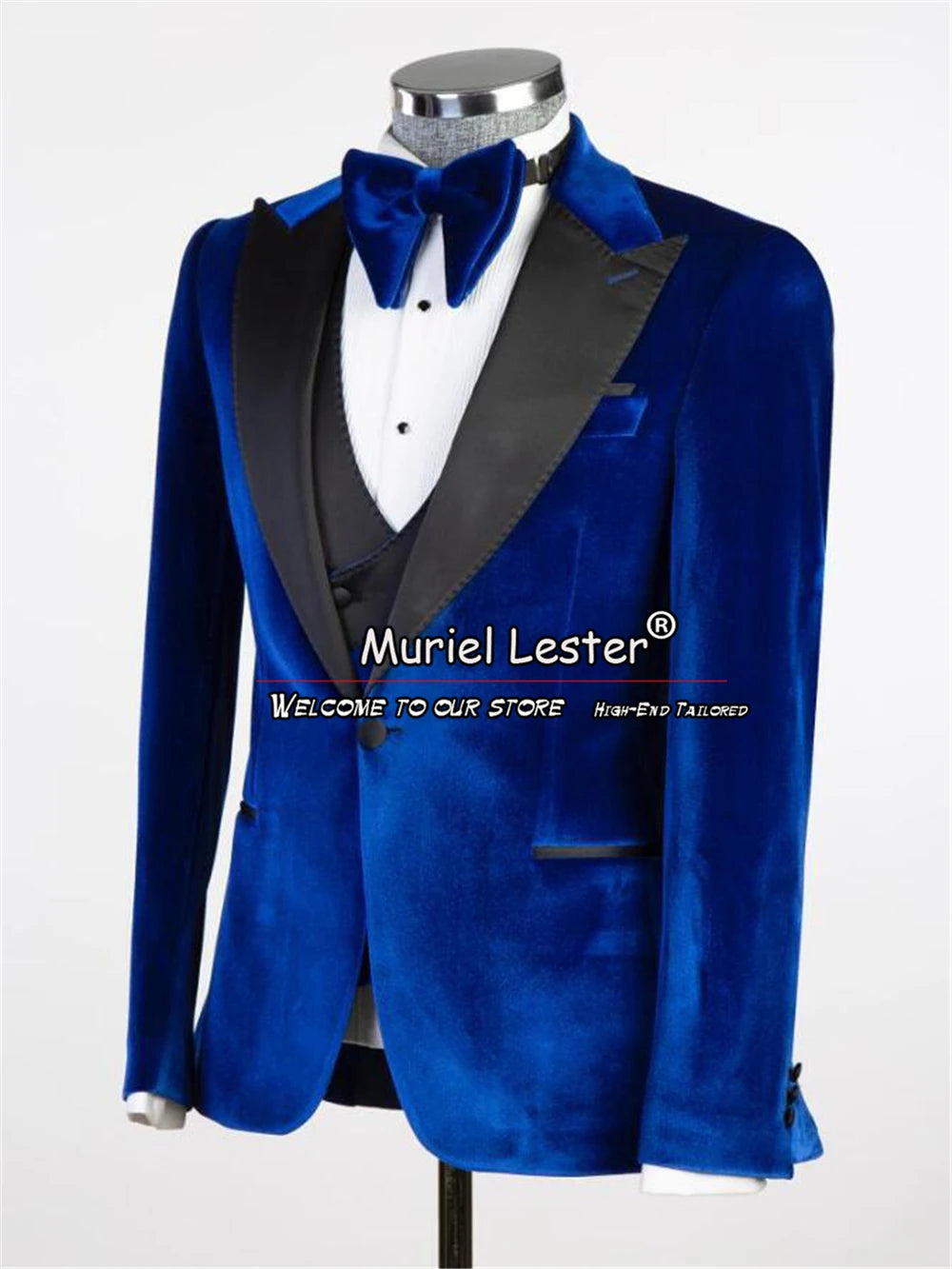 Royal Blue Suits Men Fit Slim Black Peaked Lapel Jacket Vest Pants 3 Piece Bridegroom Wedding Tuxedos Custom Velvet Prom Blazers