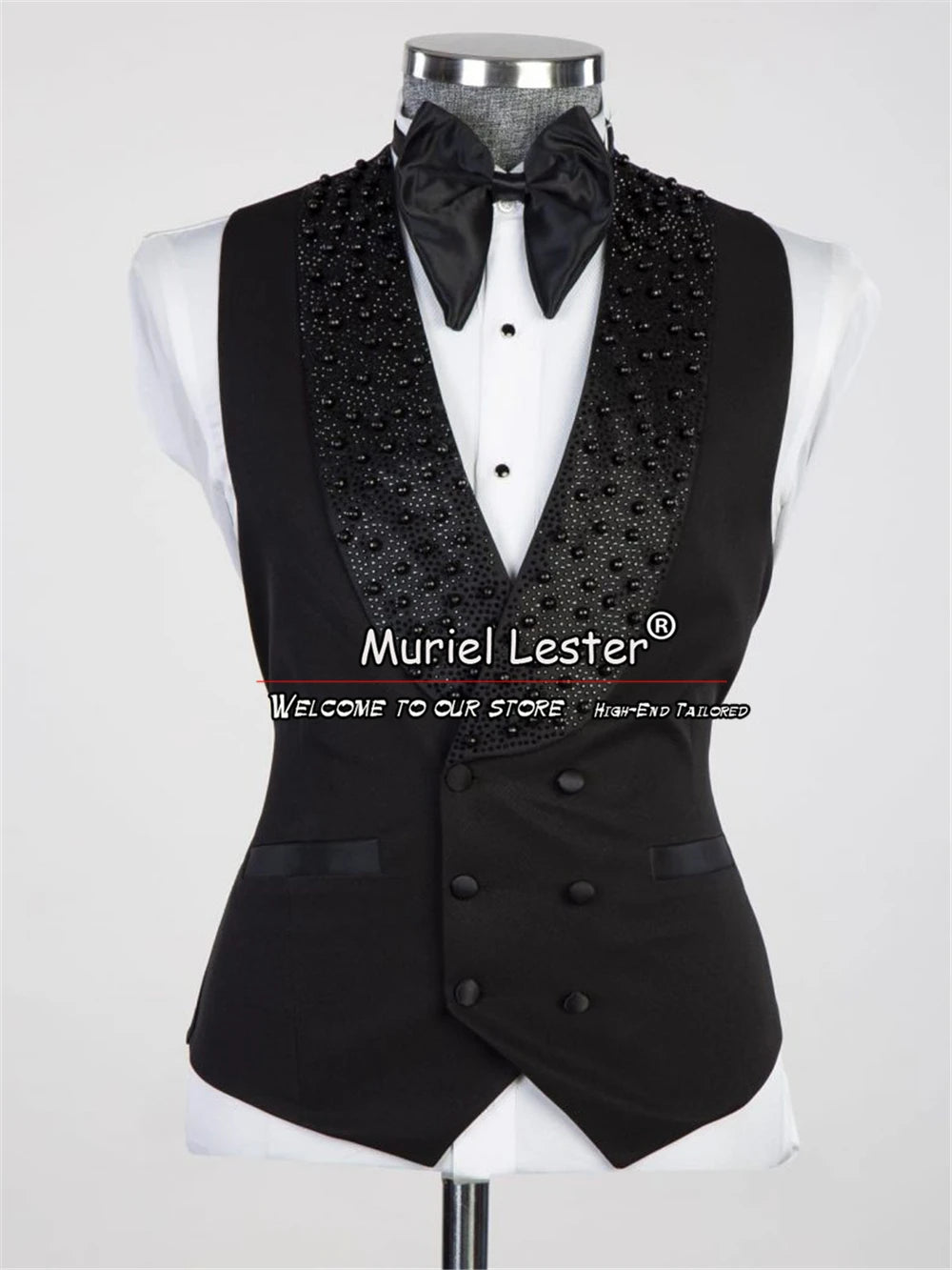 Luxury Groom Wedding Suits Formal Party Men Tuxedos Tailor Made Crystals Beading Lapel Black Jacket Vest Pants 3 Pieces Clothes