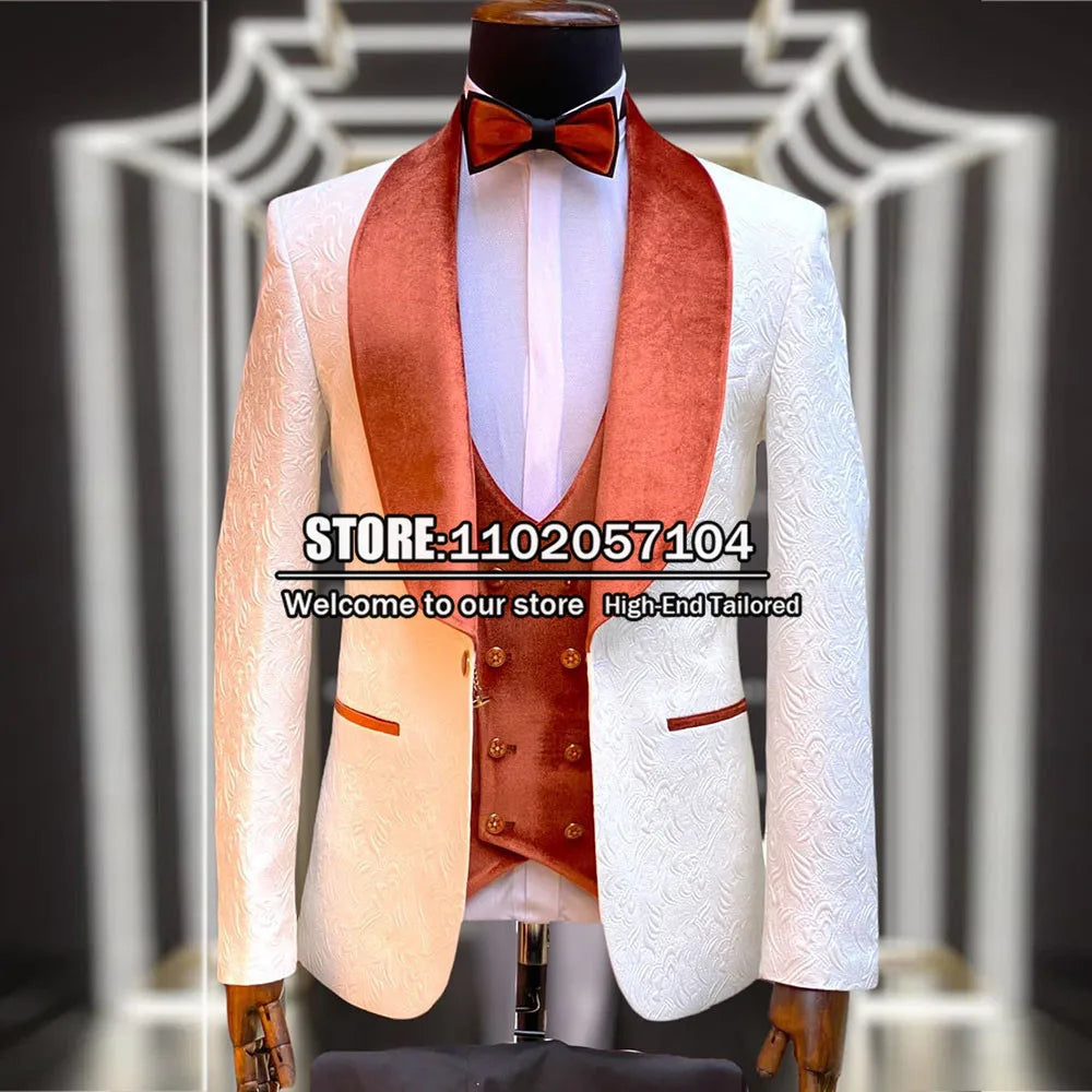 Groom Wedding Suits Elegant Velvet Lapel Jacquard Men's Tuxedos 3 Pieces Jacket Vest Pants Bespoke Man Prom Blazer Male Clothing