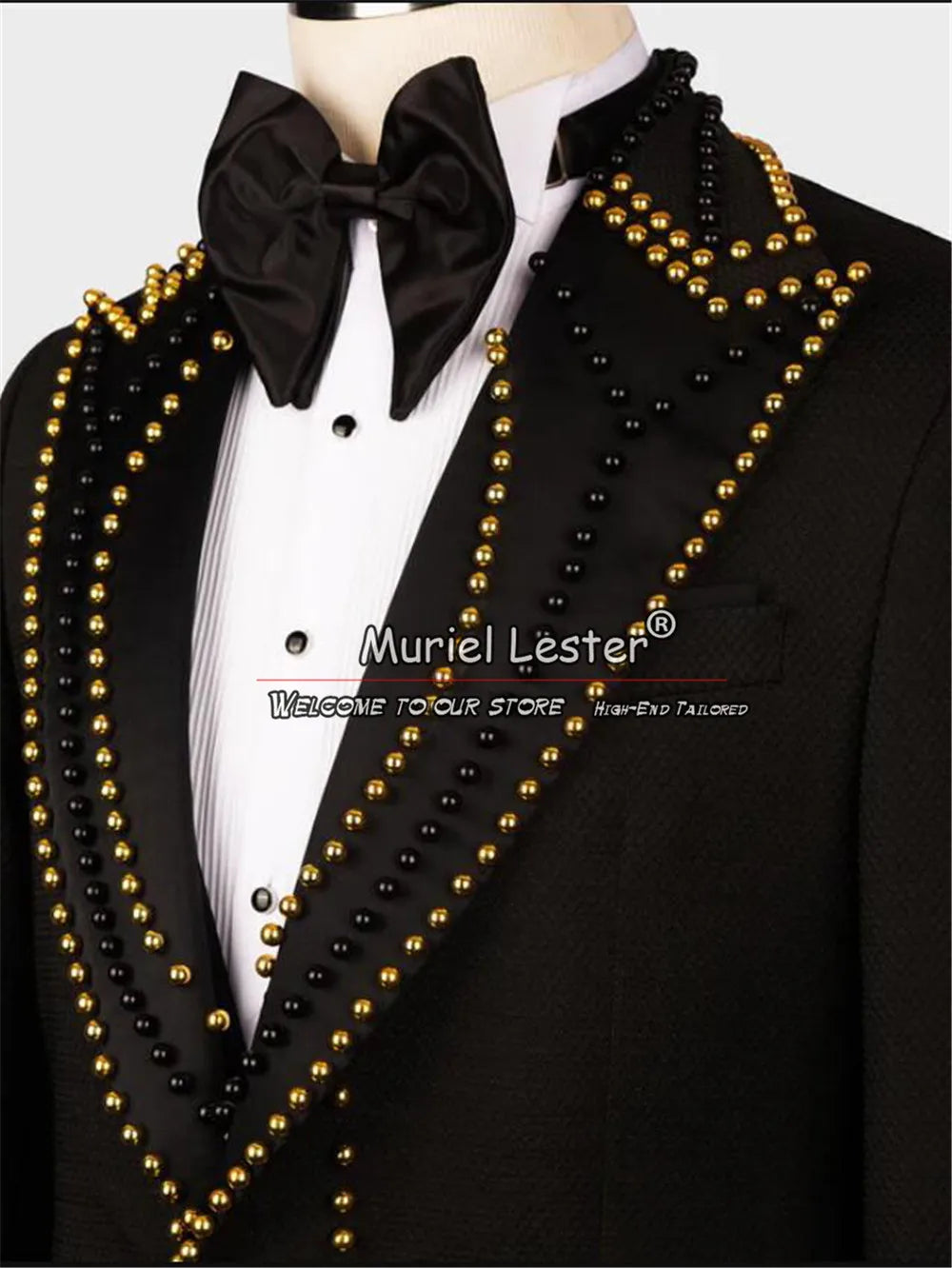 Formal Man Suit Jackets Gold/Black Pearls Handmade Prom Blazer Sets Banquet Dinner Party Wedding Groom Tuxedos Custom Made 1 Pcs