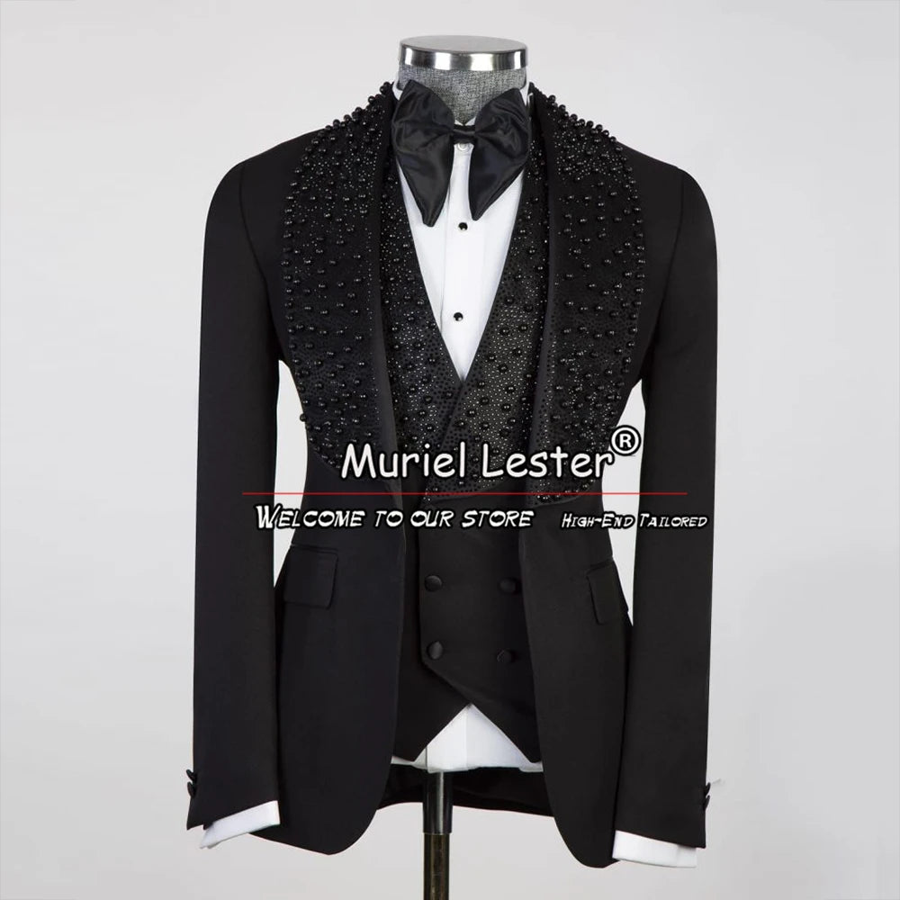 Luxury Groom Wedding Suits Formal Party Men Tuxedos Tailor Made Crystals Beading Lapel Black Jacket Vest Pants 3 Pieces Clothes