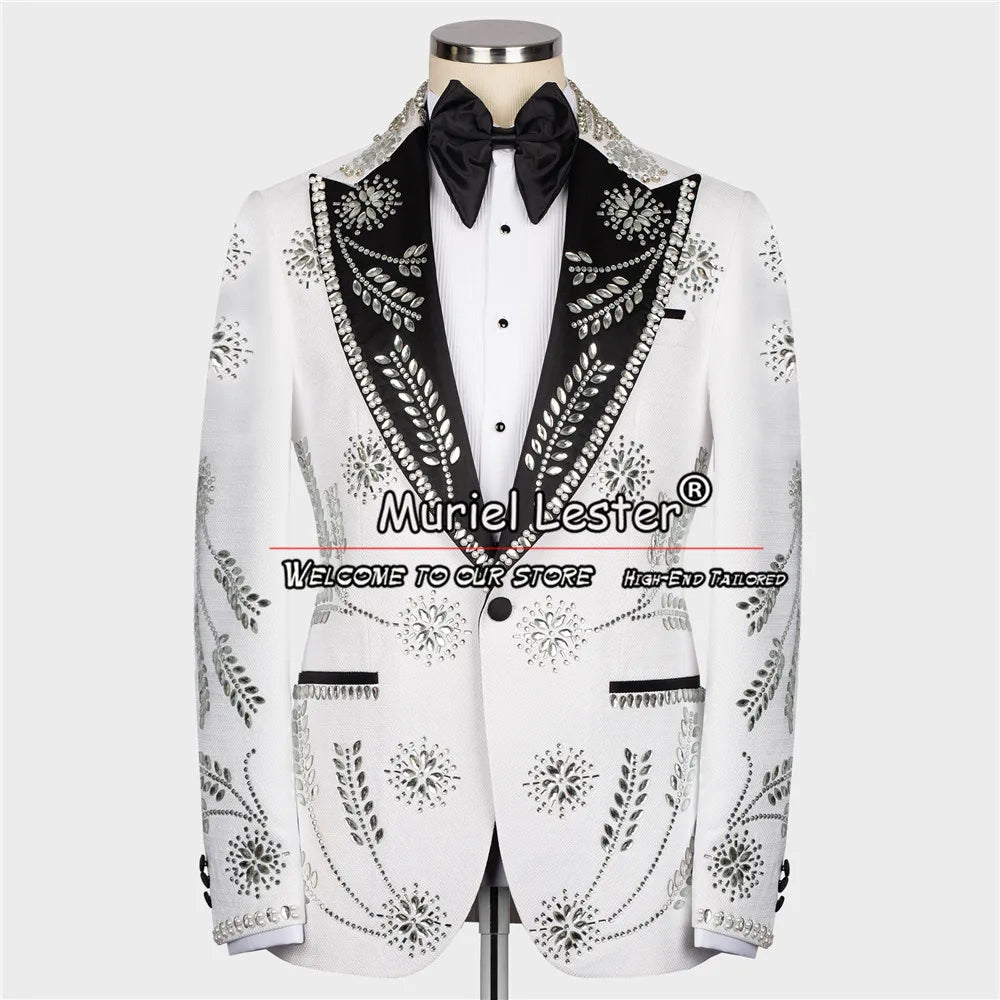 White Tuxedos Luxury  Sliver Stones Beads Men Suits Peaked Lapel Groom Wedding Dinner Prom Blazers 3 Pieces Sets Costume Homme