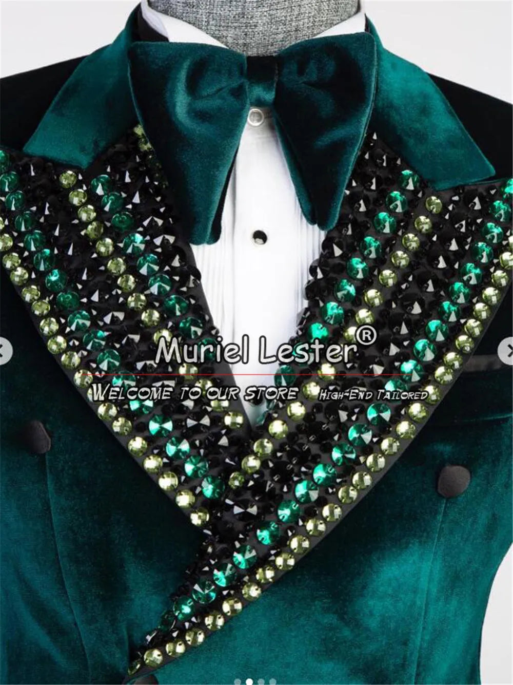 Green Velvet Suits Men For Wedding Colorful Crystals Beaded Prom Blazer Sets Double Breasted Groom Tuxedos Bespoke Man Clothing
