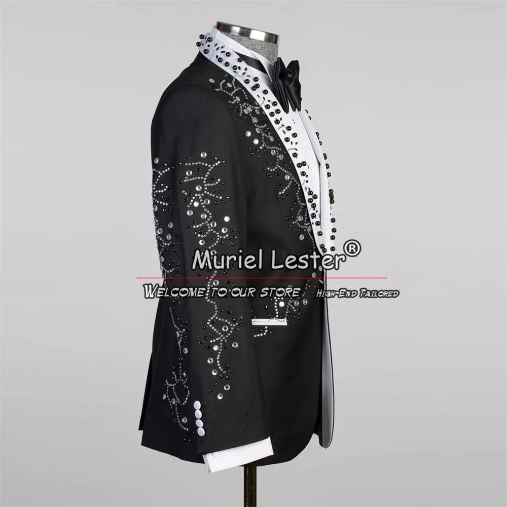 Luxury Wedding Suits For Men Crystals Diamonds Beads Jacket Pants 2 Pieces Groom Tuxedos Bespoke Banquet Prom Blazer Sets Dress