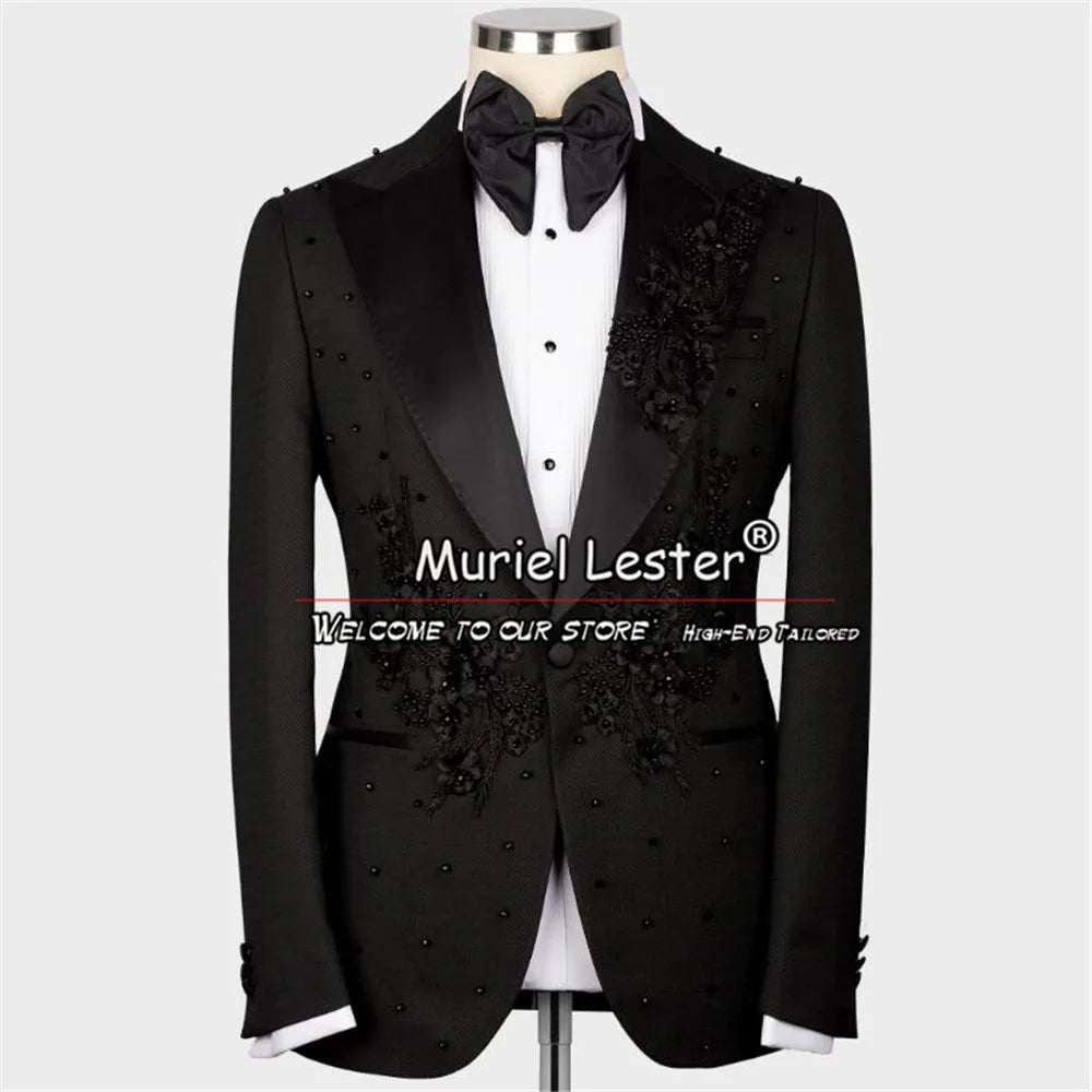 Luxury Suits For Men Flower Patterned Black Groom Tuxedo 3 Pieces Single Breasted Jacket Pants Man Wedding Suit Bespoke Clothing
