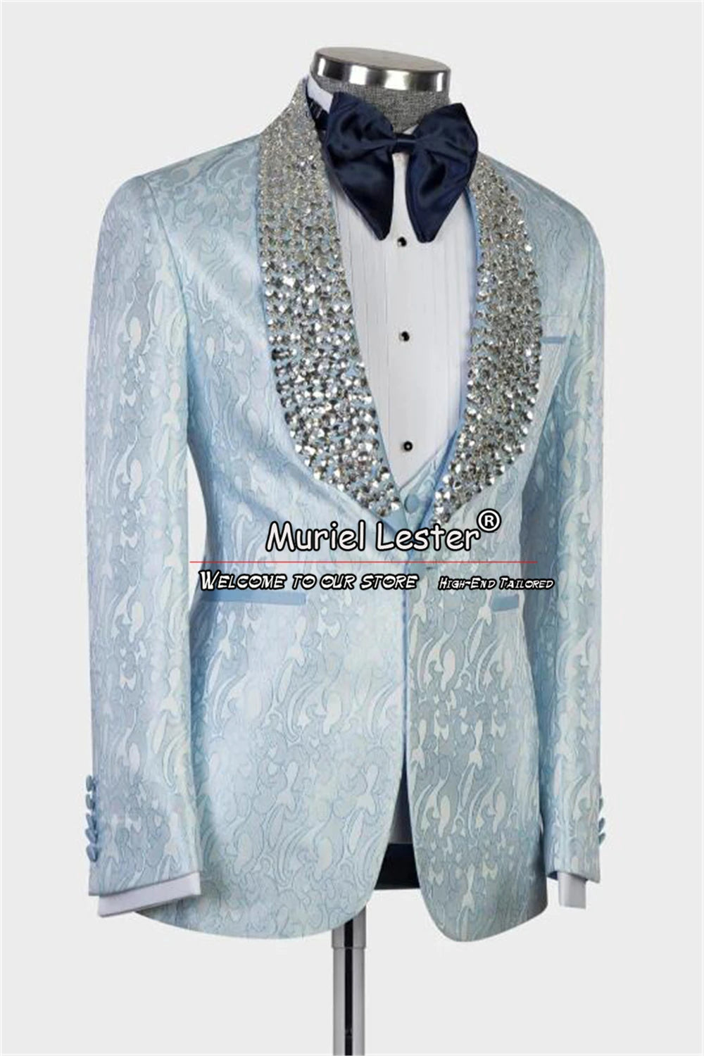 Luxurious Men Suits 3 Pieces Jacquard Wedding Groom Tuxedos Handmade Beading Coat Dinner Party Male Prom Blazers Ternos Completo