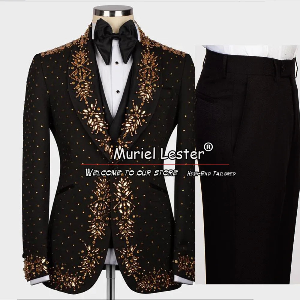 Elegant Wedding Suits For Men Slim Fit Black Double Breasted Jacket Pants 3 Pieces Luxury Golden Beading Groom Tuxedo Man Blazer