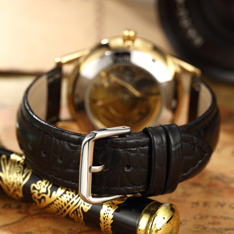 Black Leather Band Golden Dragon Watch