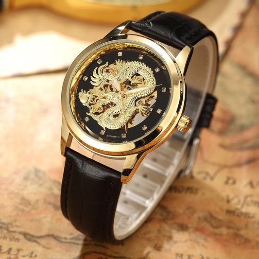 Black Leather Band Golden Dragon Watch